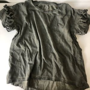 Girls army green top size 7/8 with ruffle sleeve